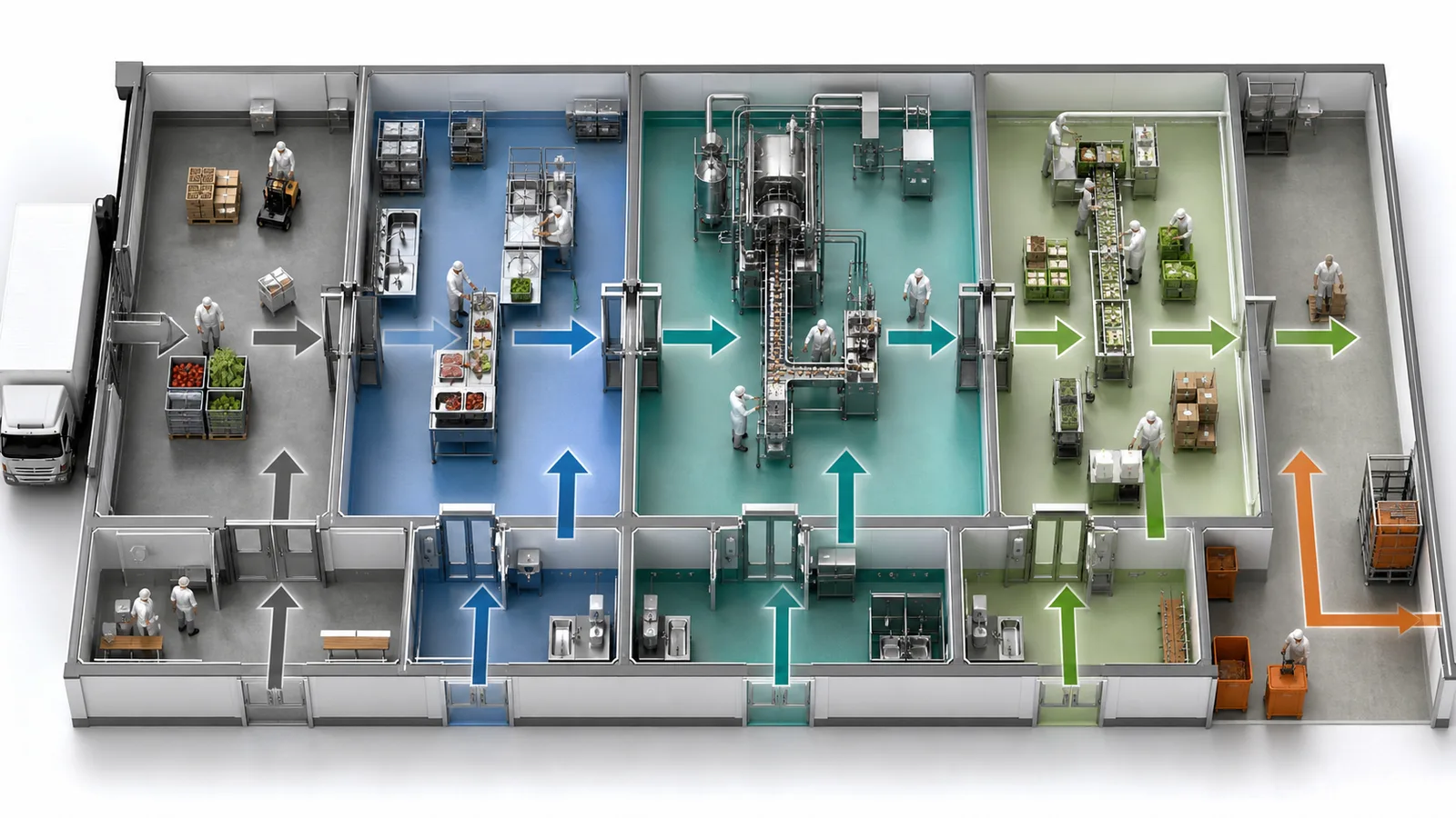 Top-down food factory layout with separated raw processing high-care packing personnel and waste flows