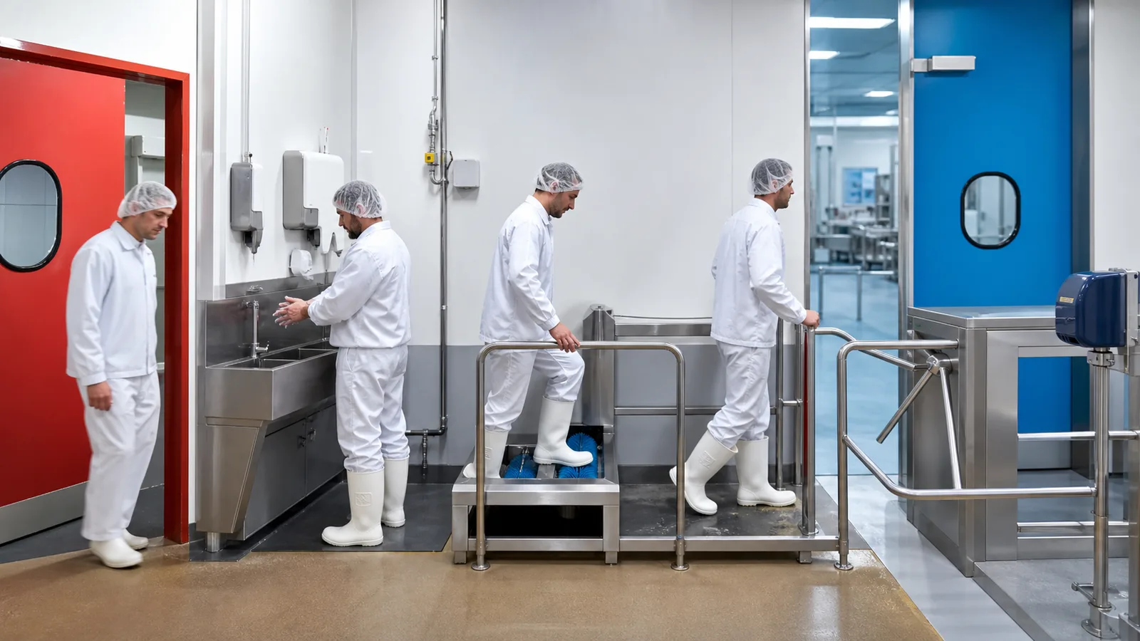 Food factory personnel following handwashing and boot sanitation through a controlled high-care entry