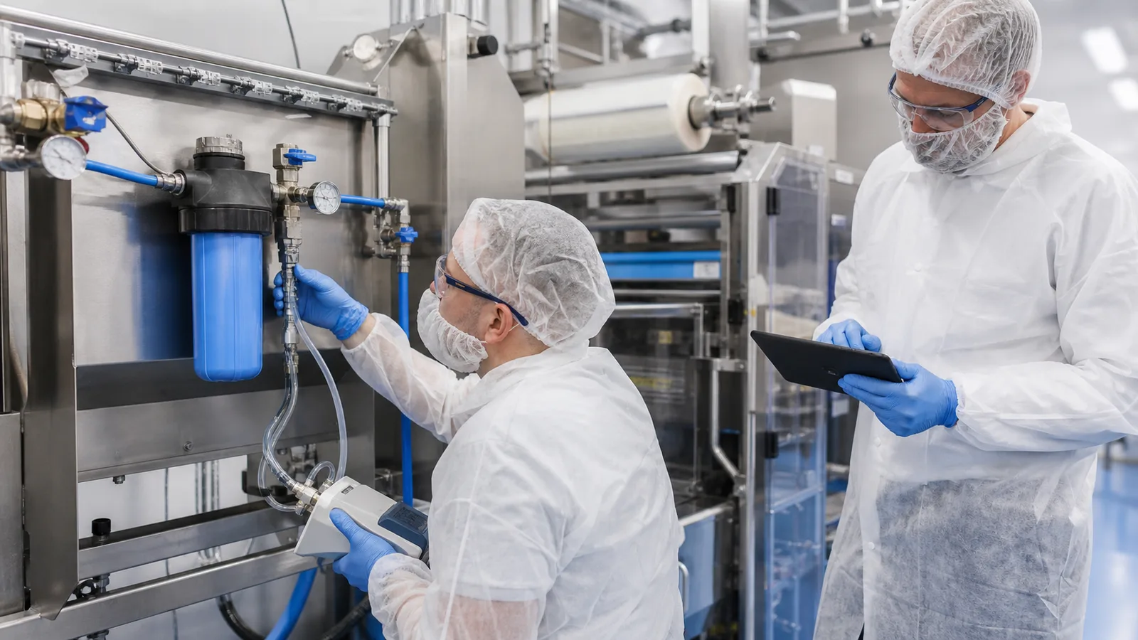 Technicians sampling compressed air quality at the filter manifold of a food packaging machine