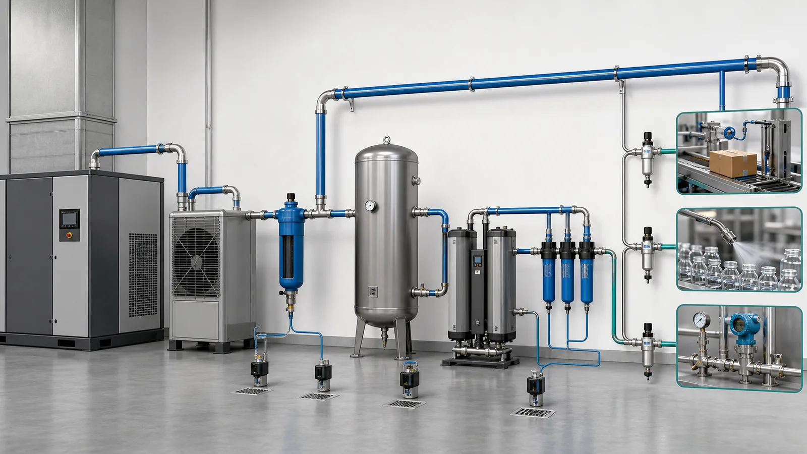 Compressed air system with compressor separator receiver dryer filters ring main and food production points of use