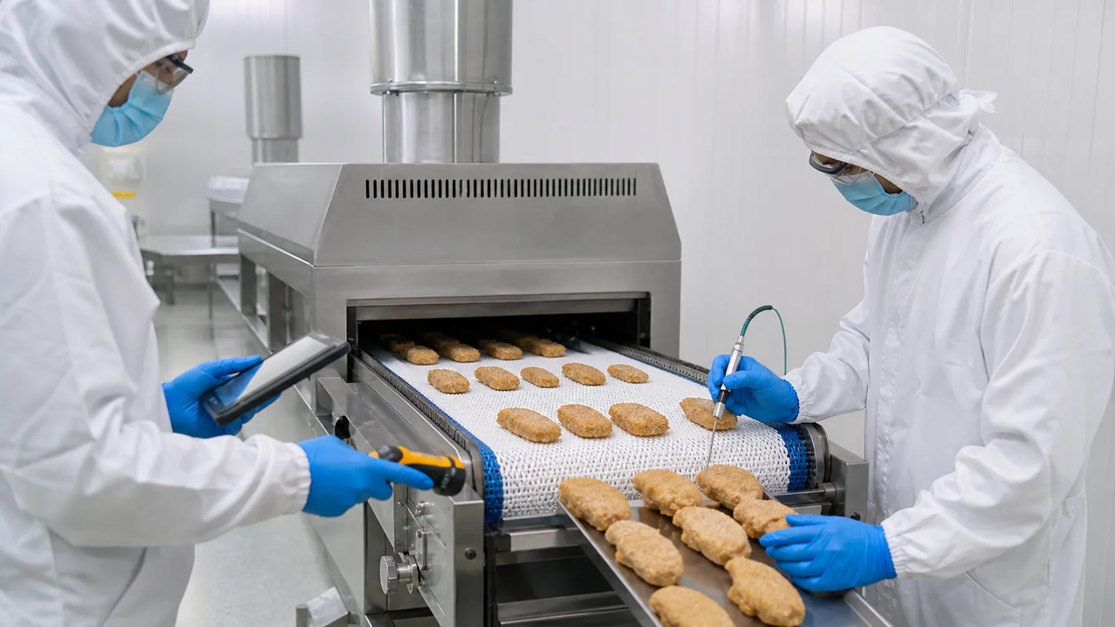Food process technicians measuring product core and surface temperature at a continuous cooling conveyor