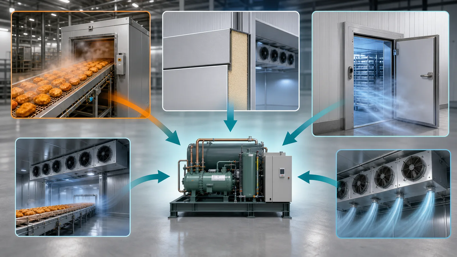 Food cooling system receiving product transmission infiltration fan and defrost heat loads
