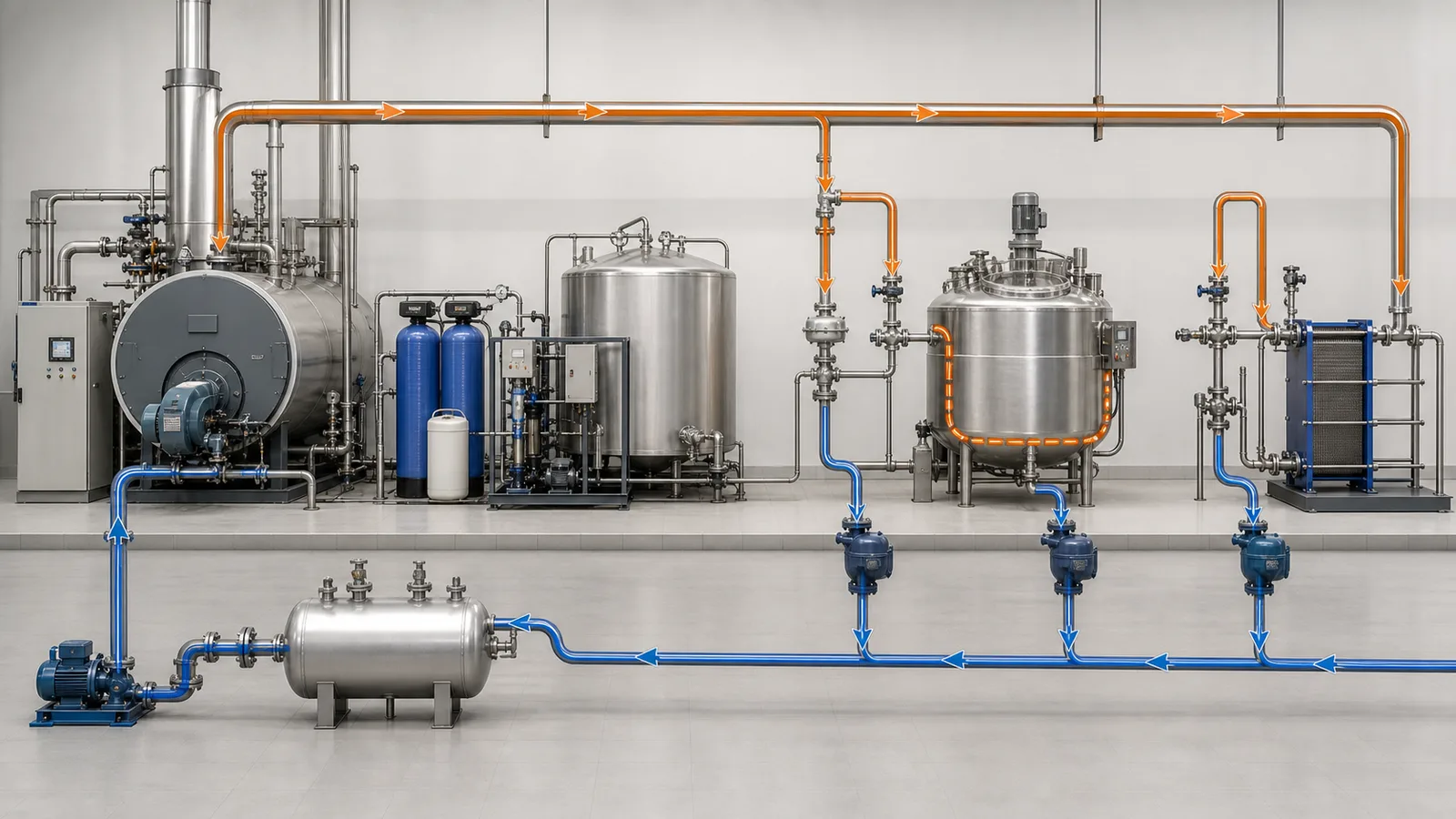 Boiler steam header food cooker heat exchanger steam traps and condensate return arranged as one system