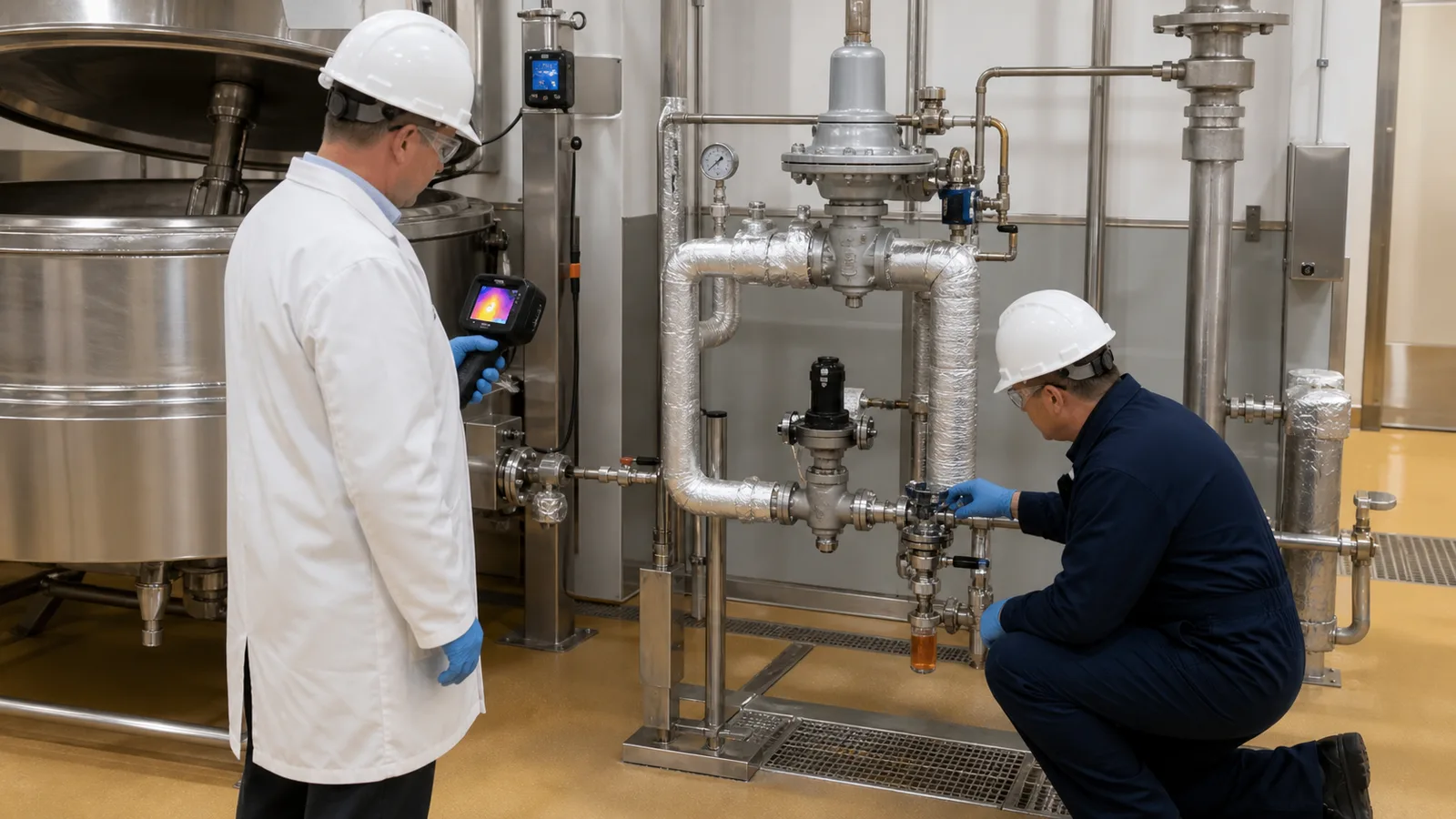 Technicians commissioning a jacketed food cooker steam control valve and condensate trap station