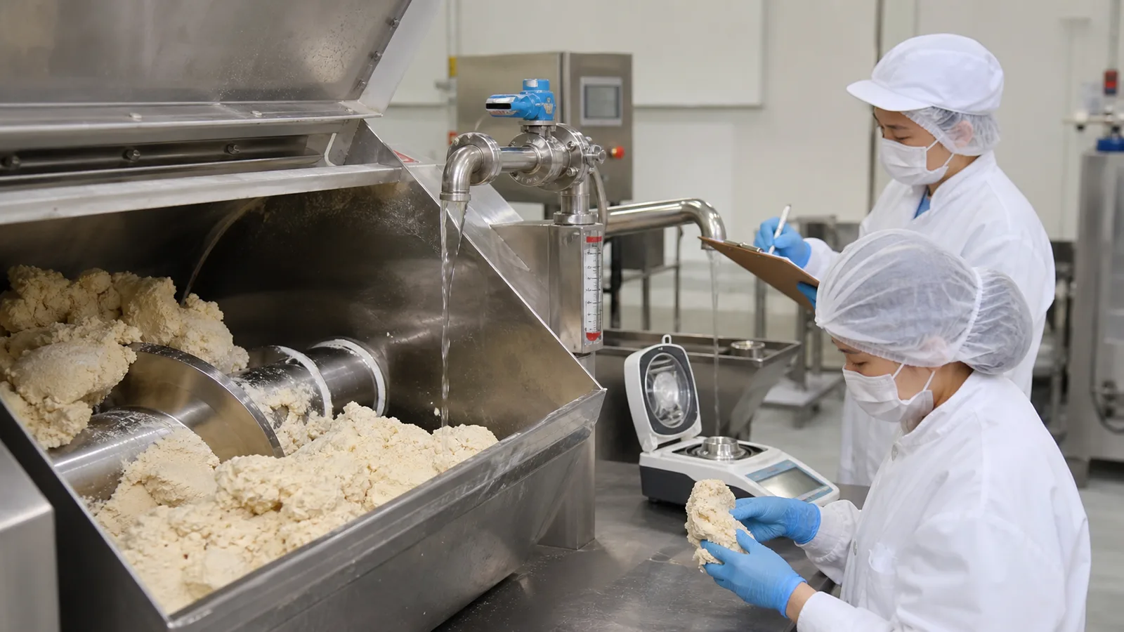 Technologists checking water flow dough texture and moisture beside an industrial horizontal dough mixer