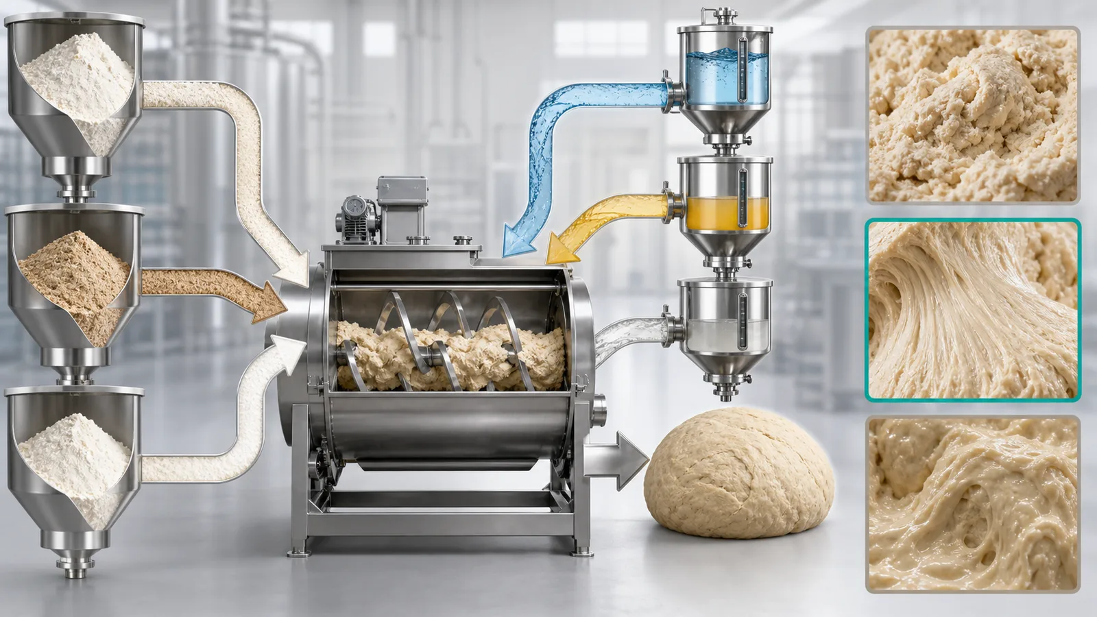 Flour streams and liquid ingredients combining in an industrial mixer to produce different dough hydration states