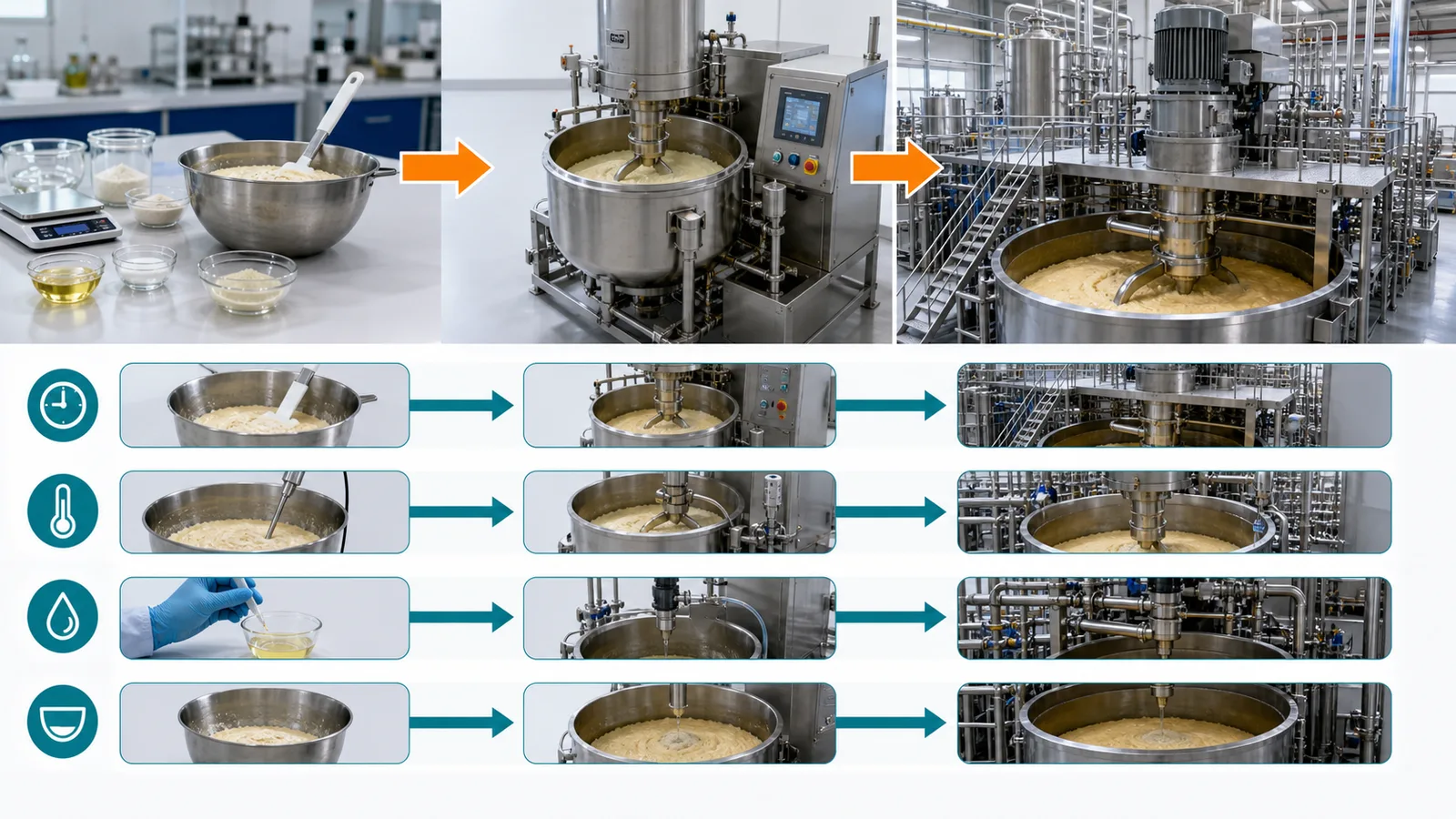 Laboratory pilot and industrial food batches showing scale progression and process variables requiring revalidation