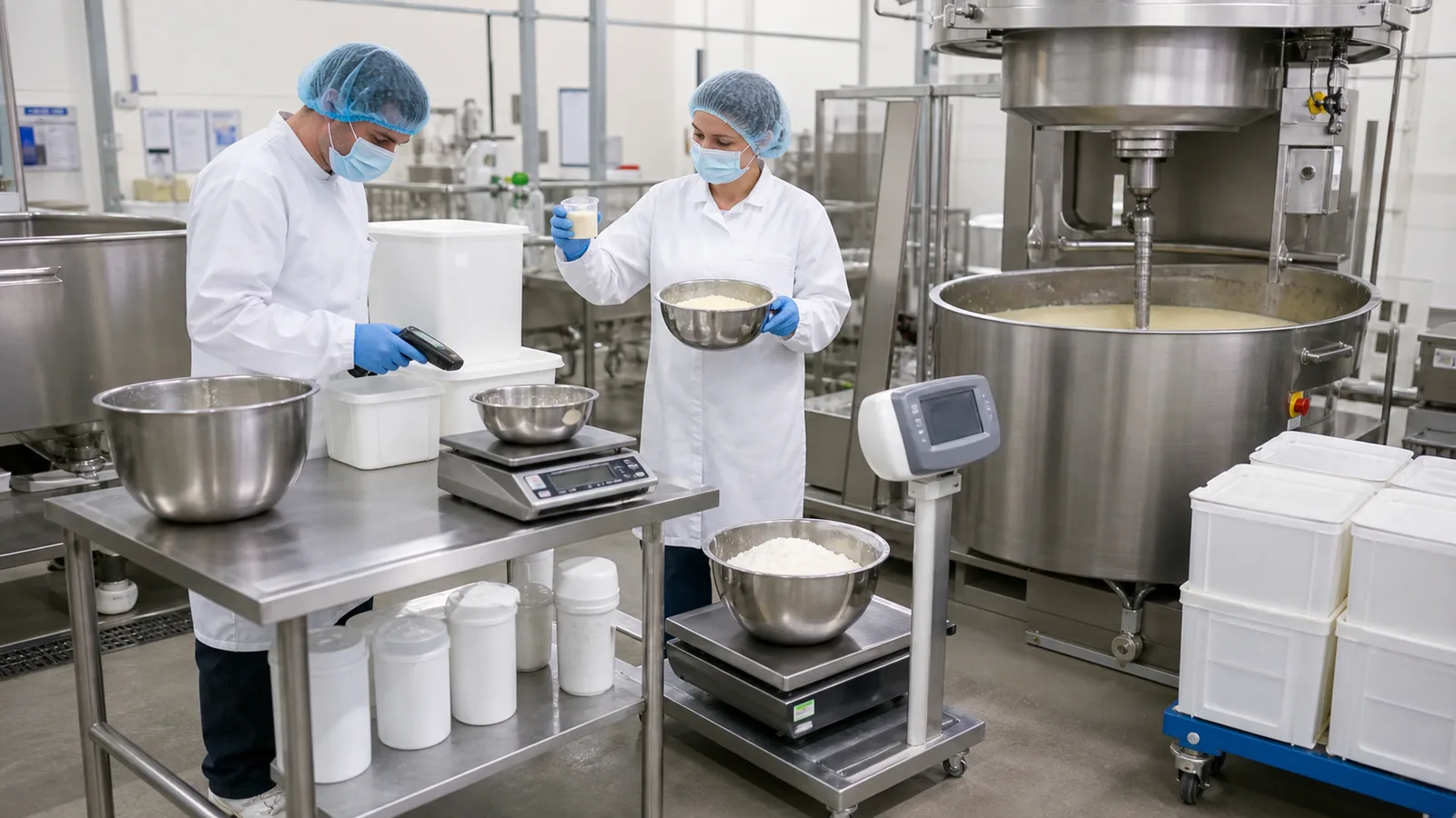 Food technologist and operator controlling ingredient weighing during an industrial recipe scale-up trial