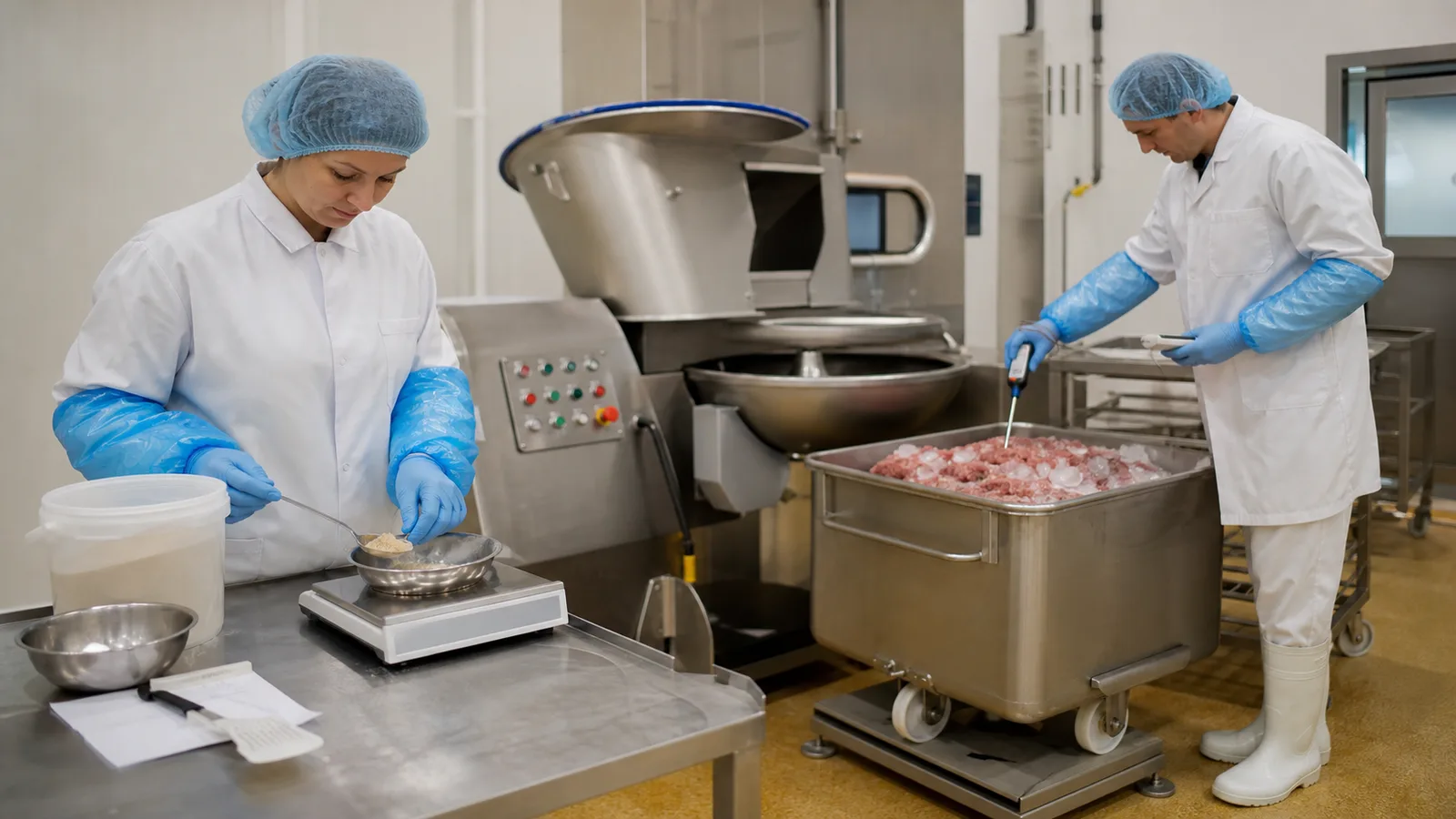 Sausage production team weighing seasoning checking the meat batch and measuring emulsion temperature