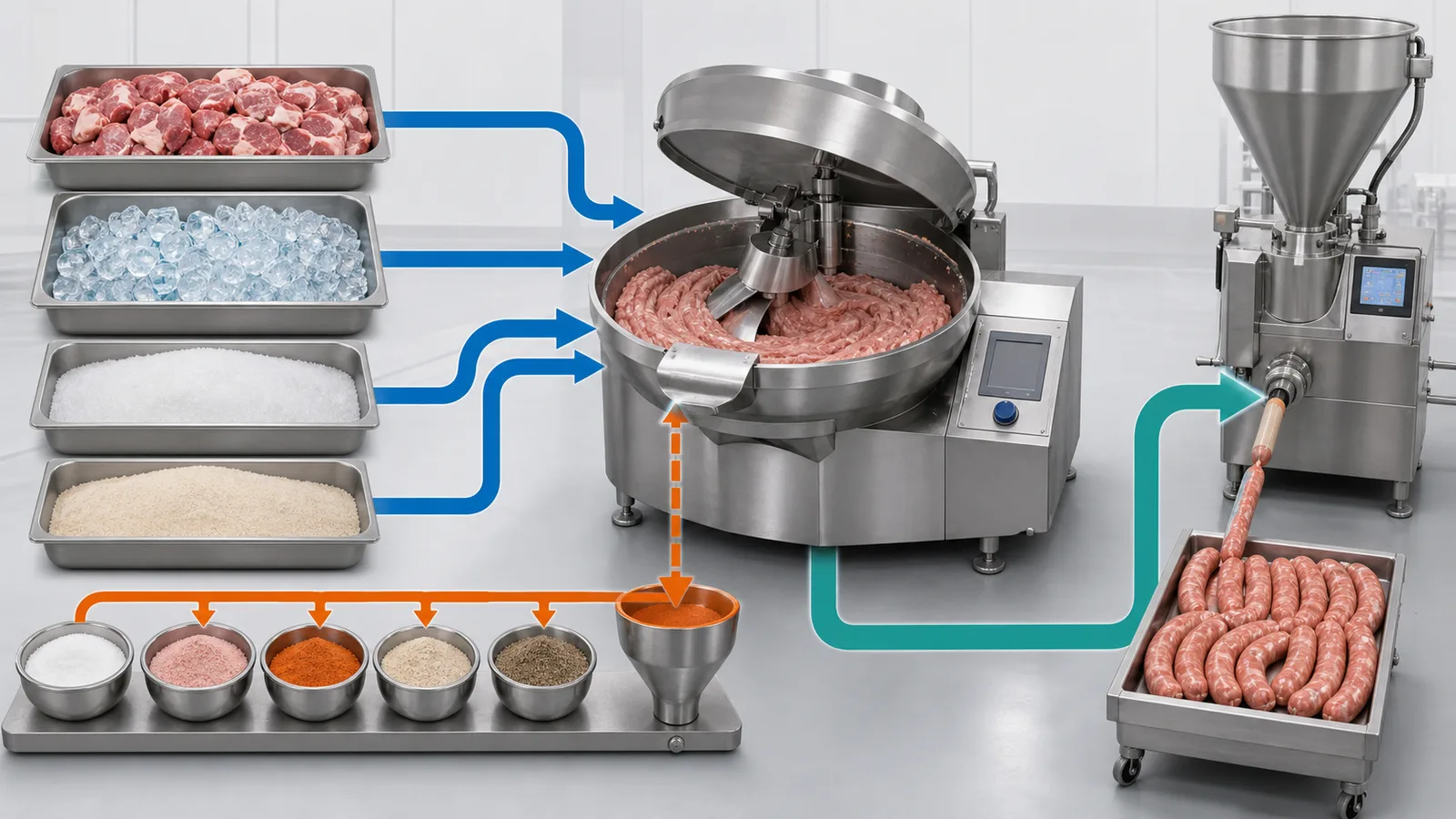 Meat ice salt cure and seasoning streams entering a bowl cutter before controlled sausage filling