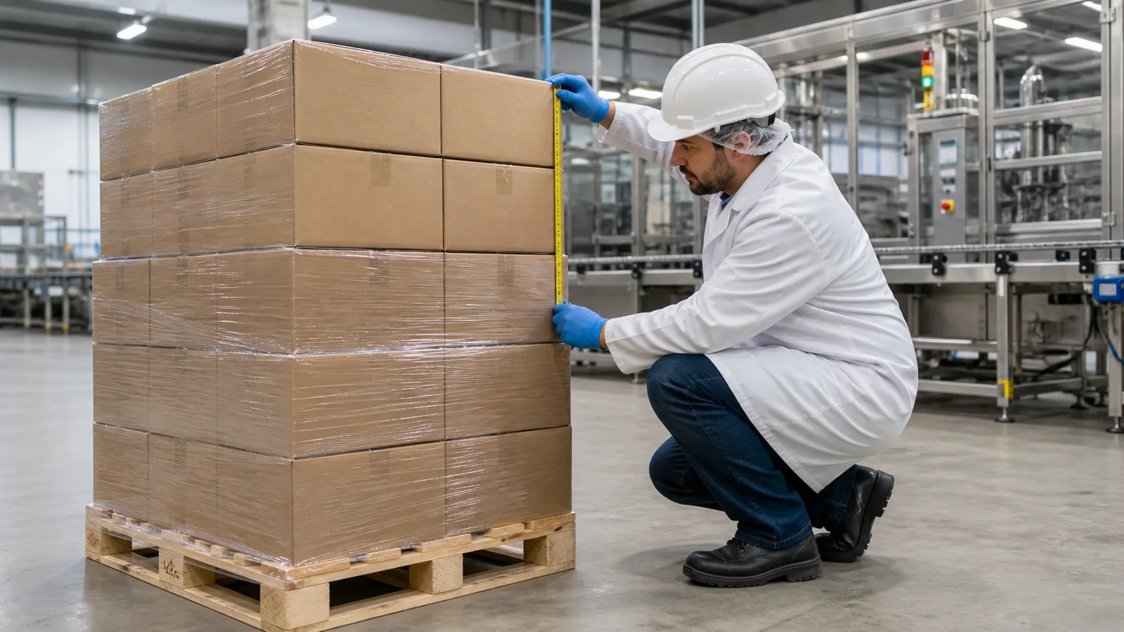 Warehouse engineer checking carton alignment and pallet-load stability during project validation