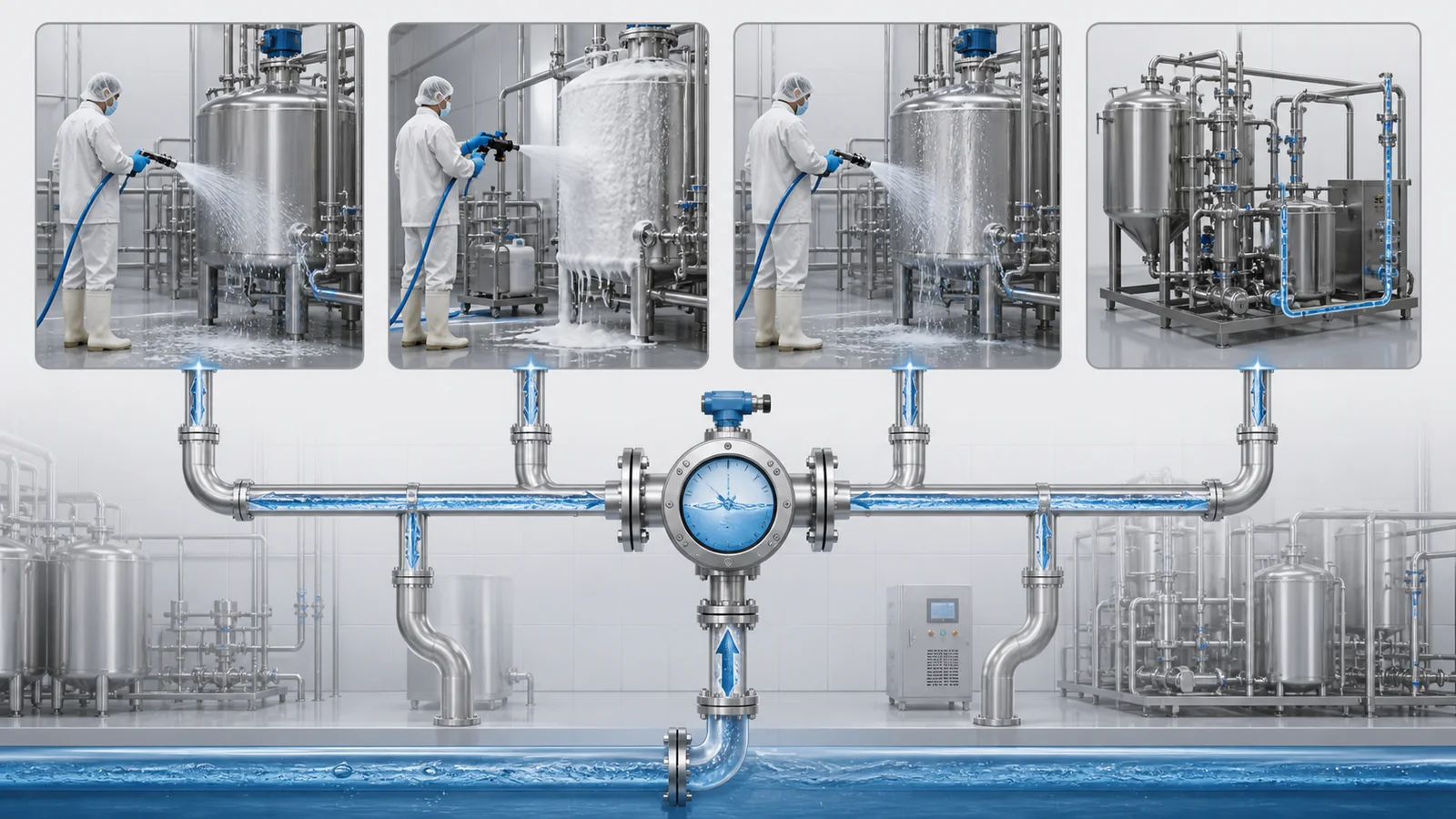 Food factory cleaning activities connected to a central water supply to illustrate simultaneous peak demand