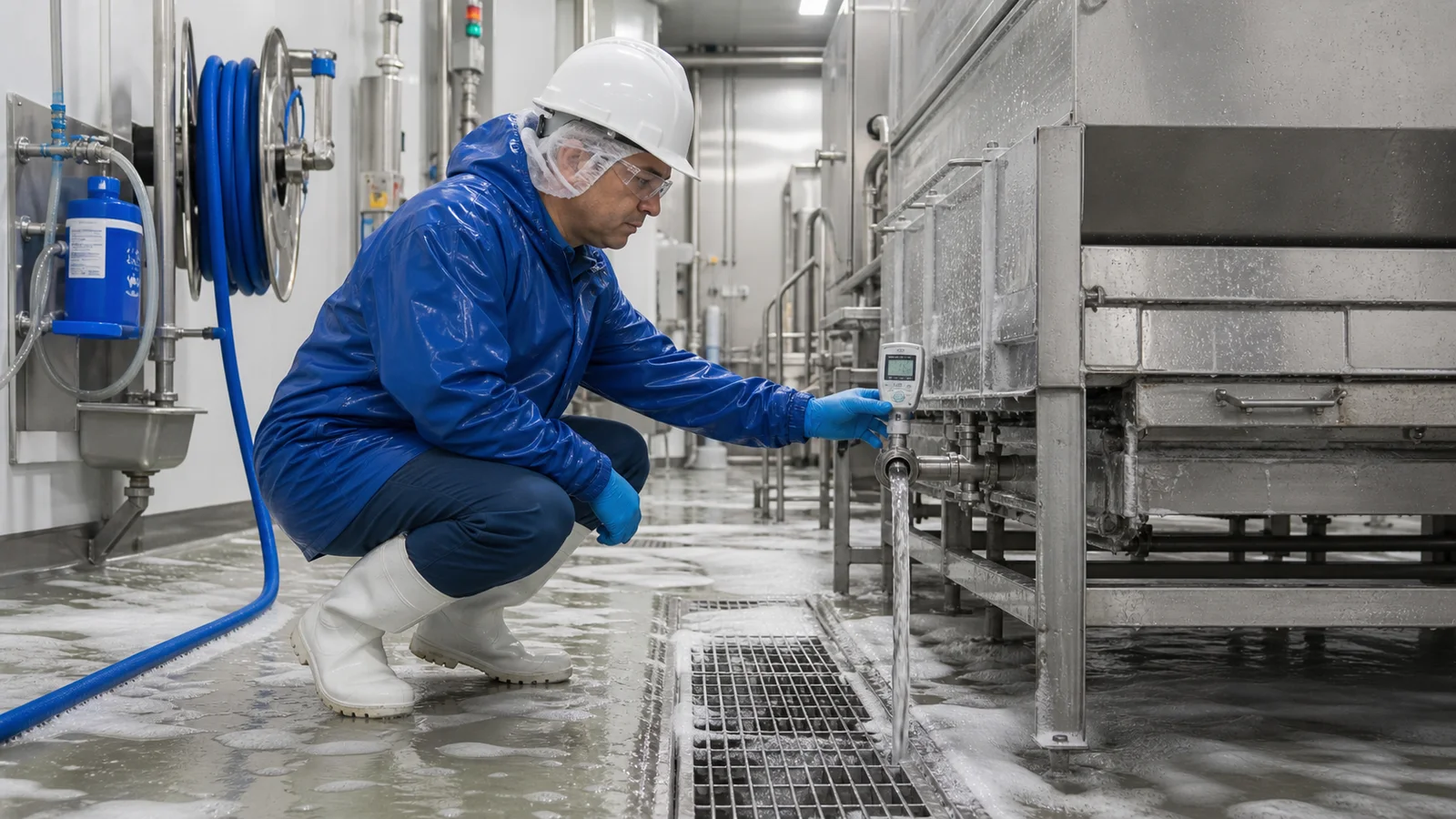 Sanitation supervisor measuring water flow during controlled washdown of stainless food equipment