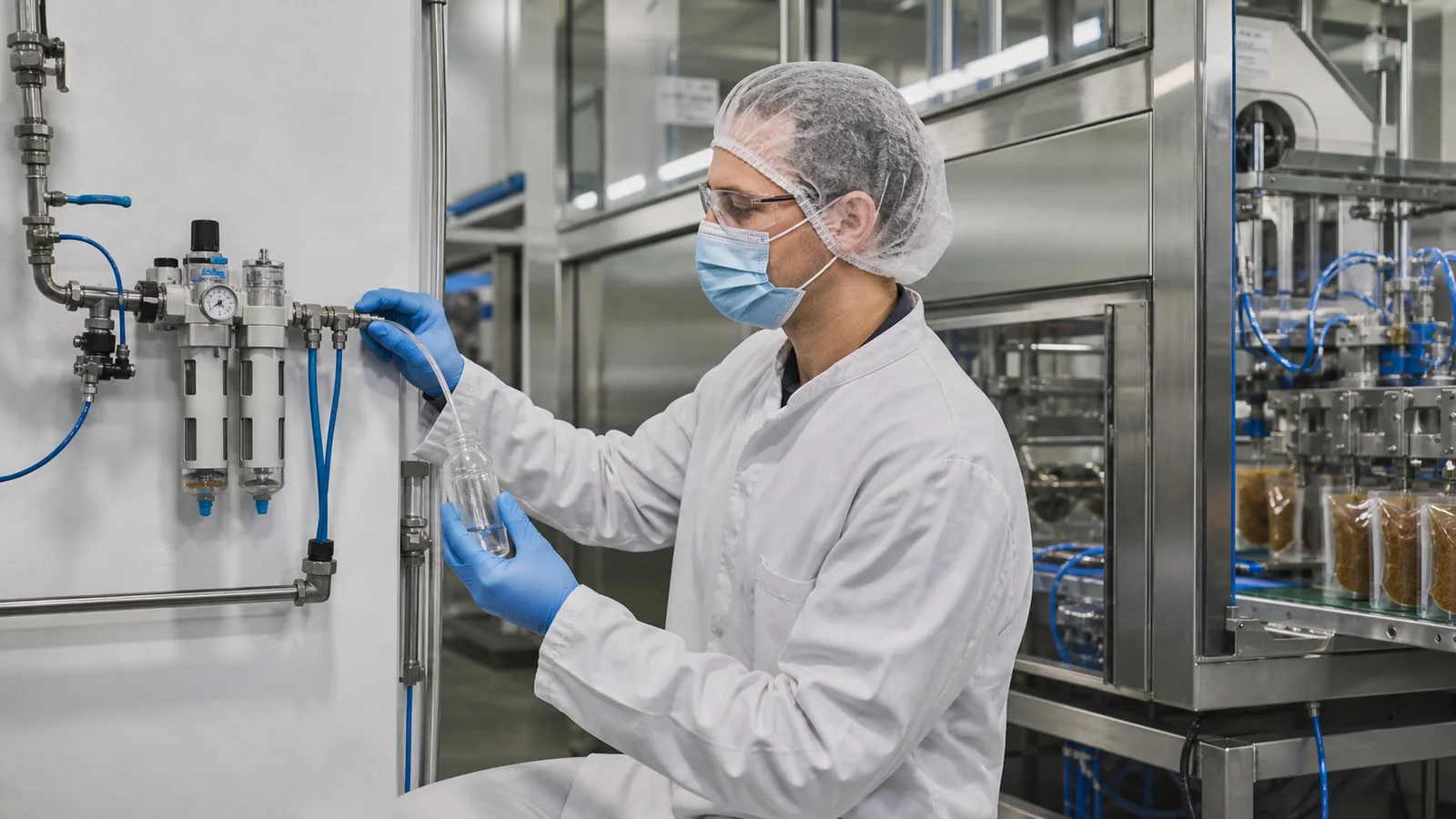 Commissioning engineer sampling compressed air beside a food packaging machine
