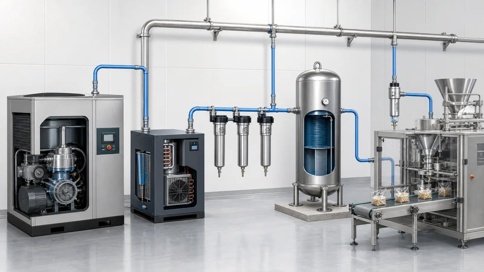 Compressed air system with compressor dryer filters receiver ring main and packaging-machine point of use