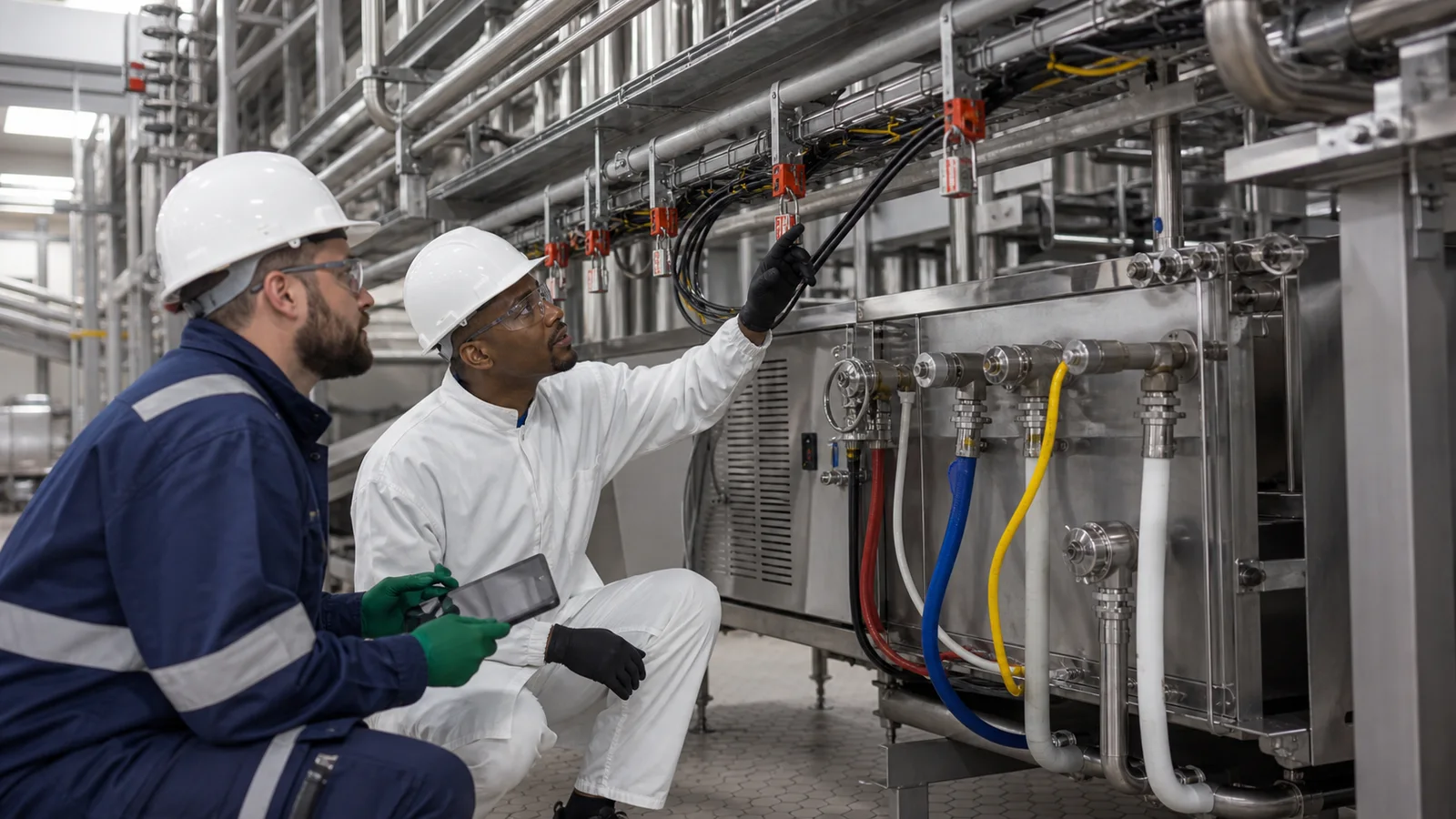 Engineers coordinating overhead utility services and machine connections before production startup