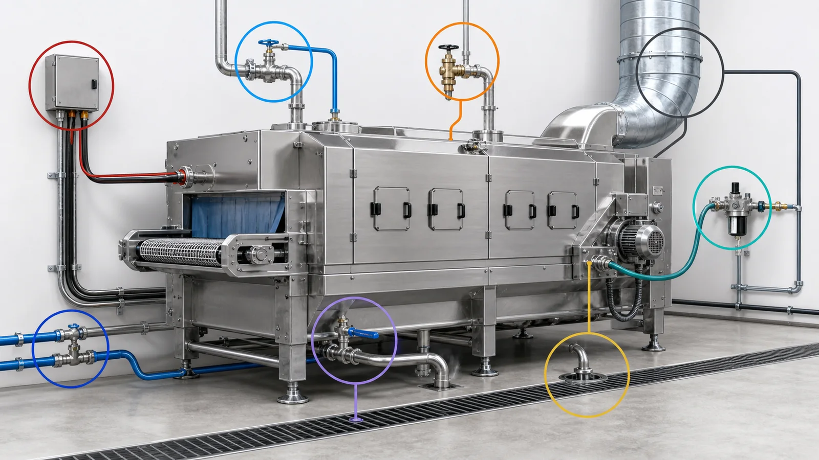 Central food processing machine connected to power water steam air cooling drainage and exhaust utilities