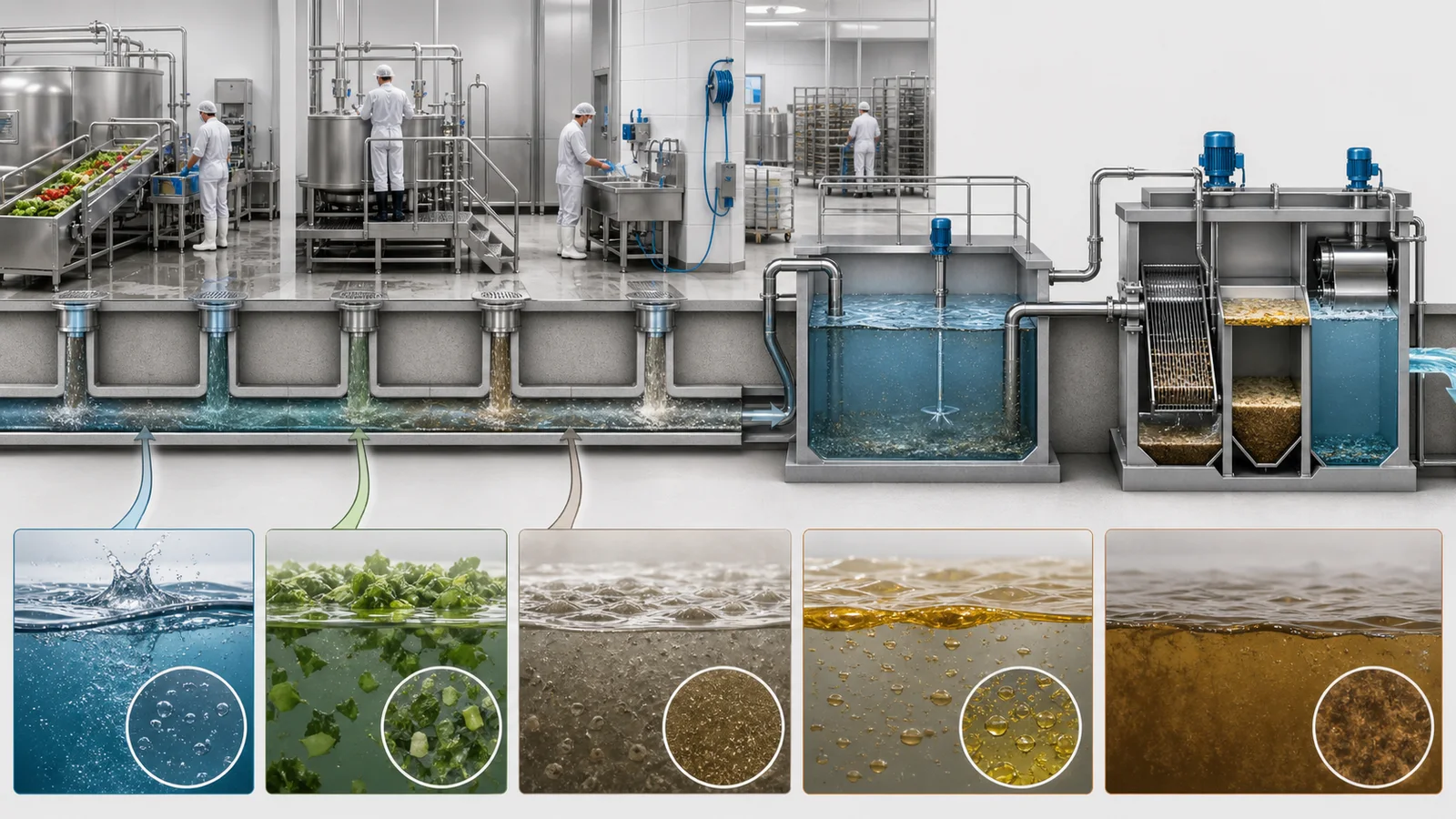 Food production wastewater sources flowing through collection equalization and compact pretreatment