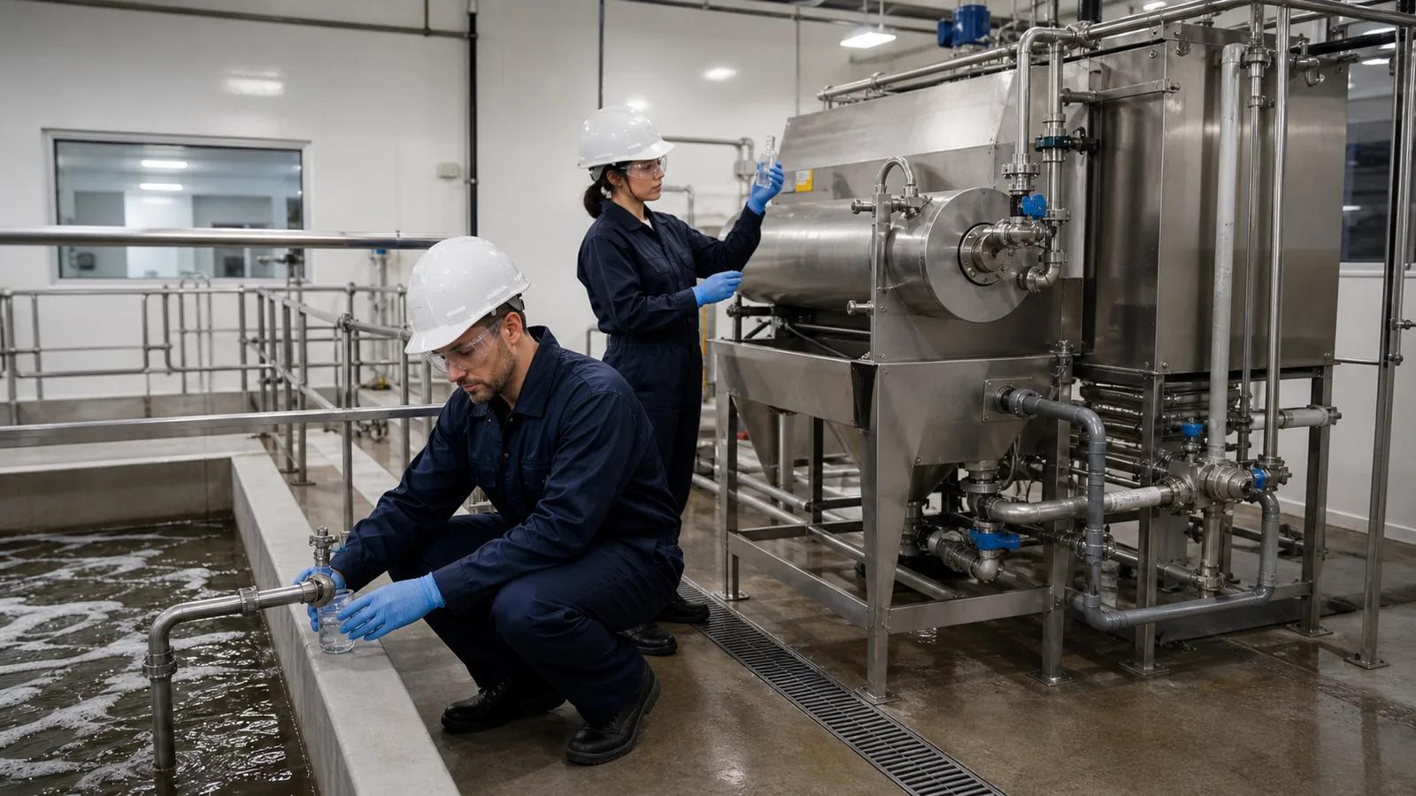 Environmental technicians sampling food factory wastewater beside equalization and pretreatment equipment
