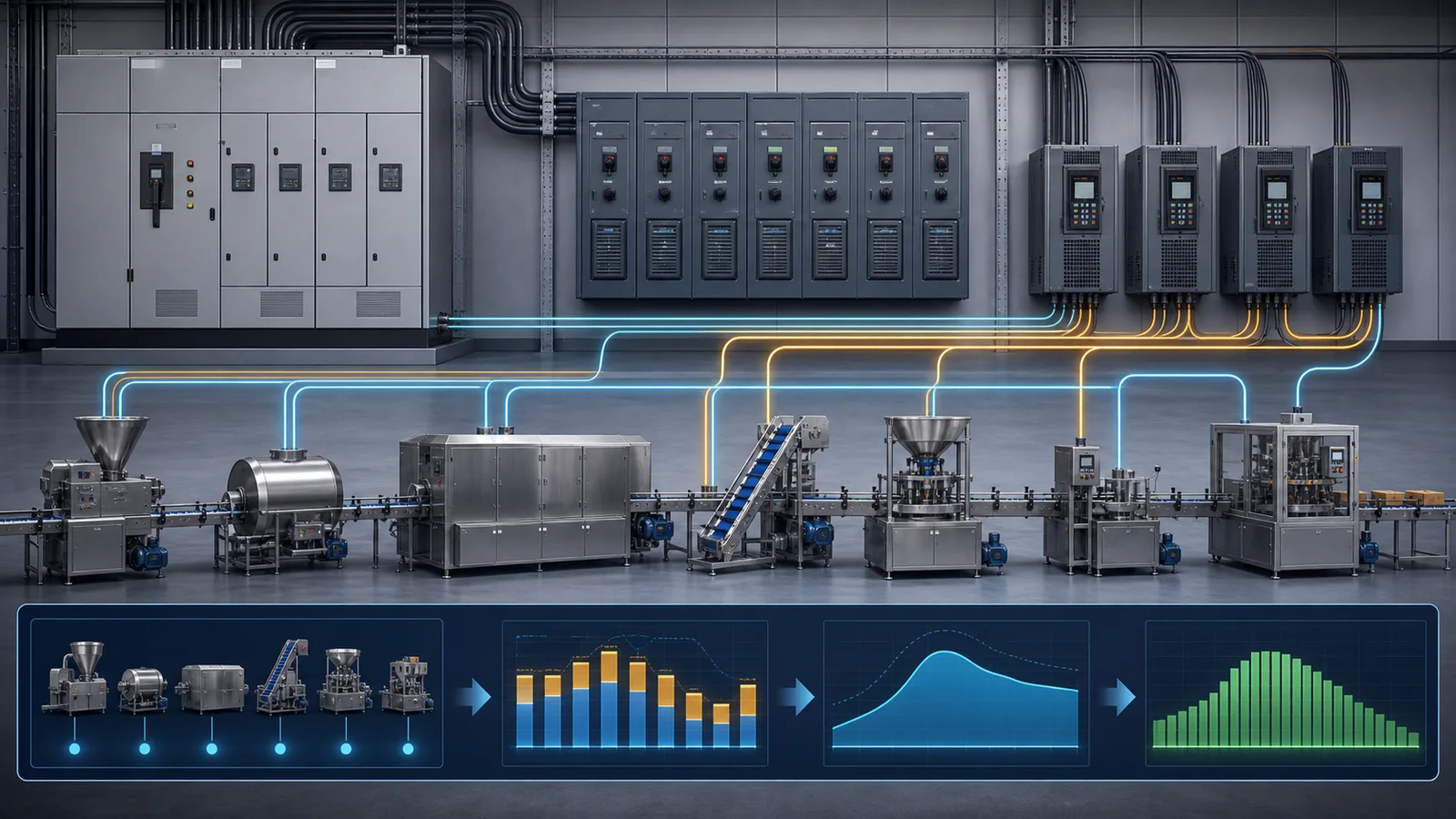 Food production line supplied through a main switchboard MCC and variable-frequency motor branches