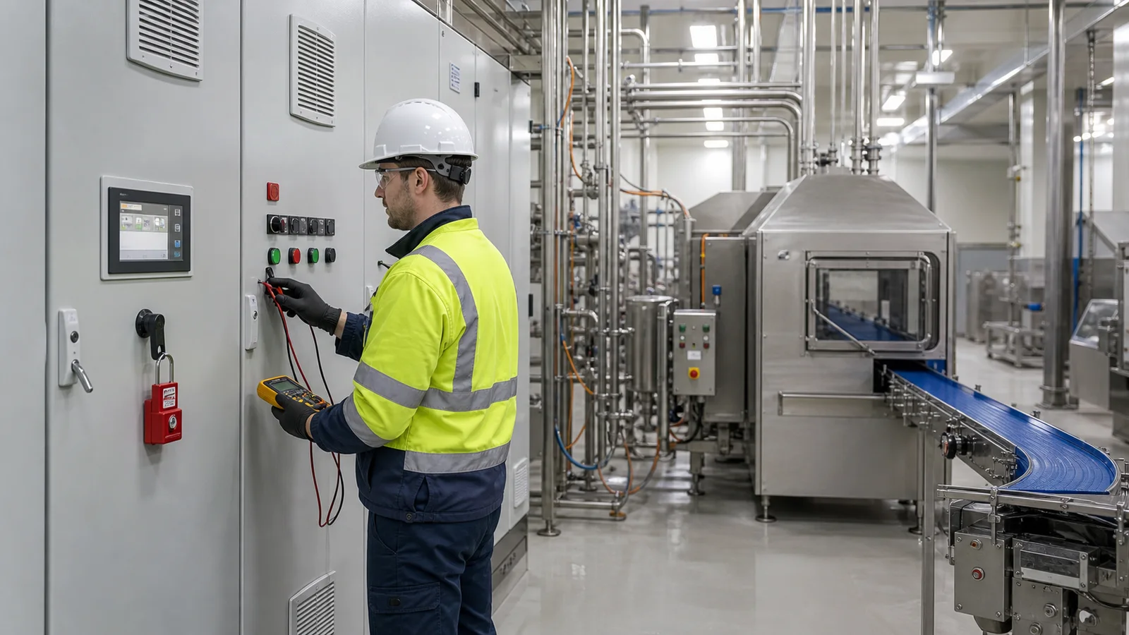 Electrical engineer commissioning closed MCC and VFD panels beside a food production line