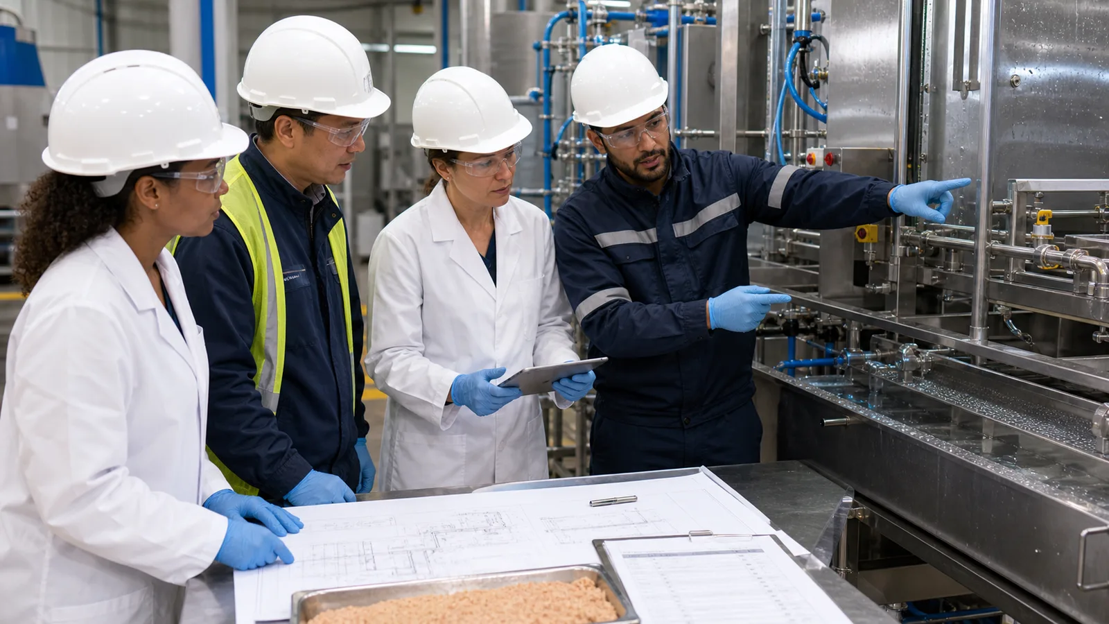 Multidisciplinary project team reviewing a machine drawing test checklist and hygienic interface beside food equipment