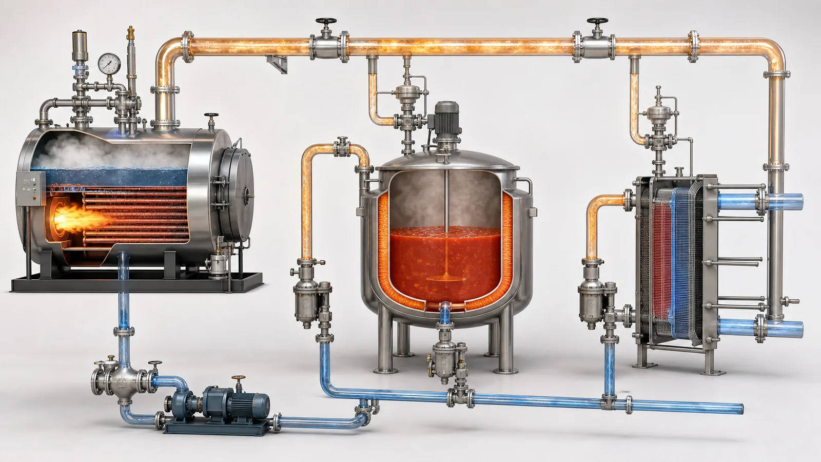 Steam supply and condensate return loop serving a jacketed cooker and heat exchanger