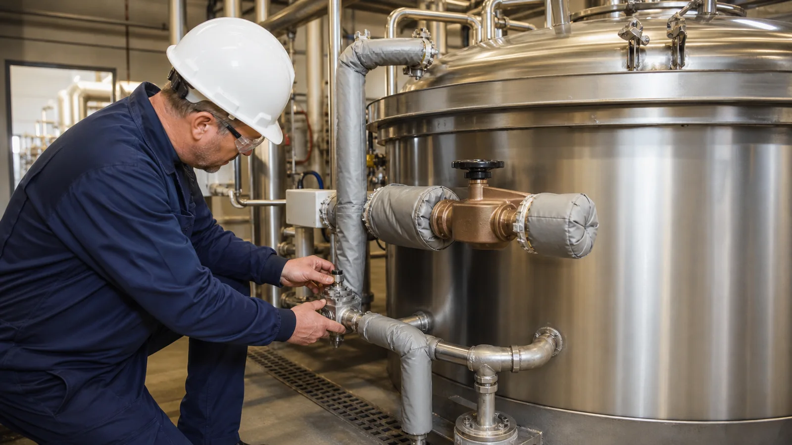 Utilities engineer inspecting steam control trap and condensate connections on a jacketed food cooker