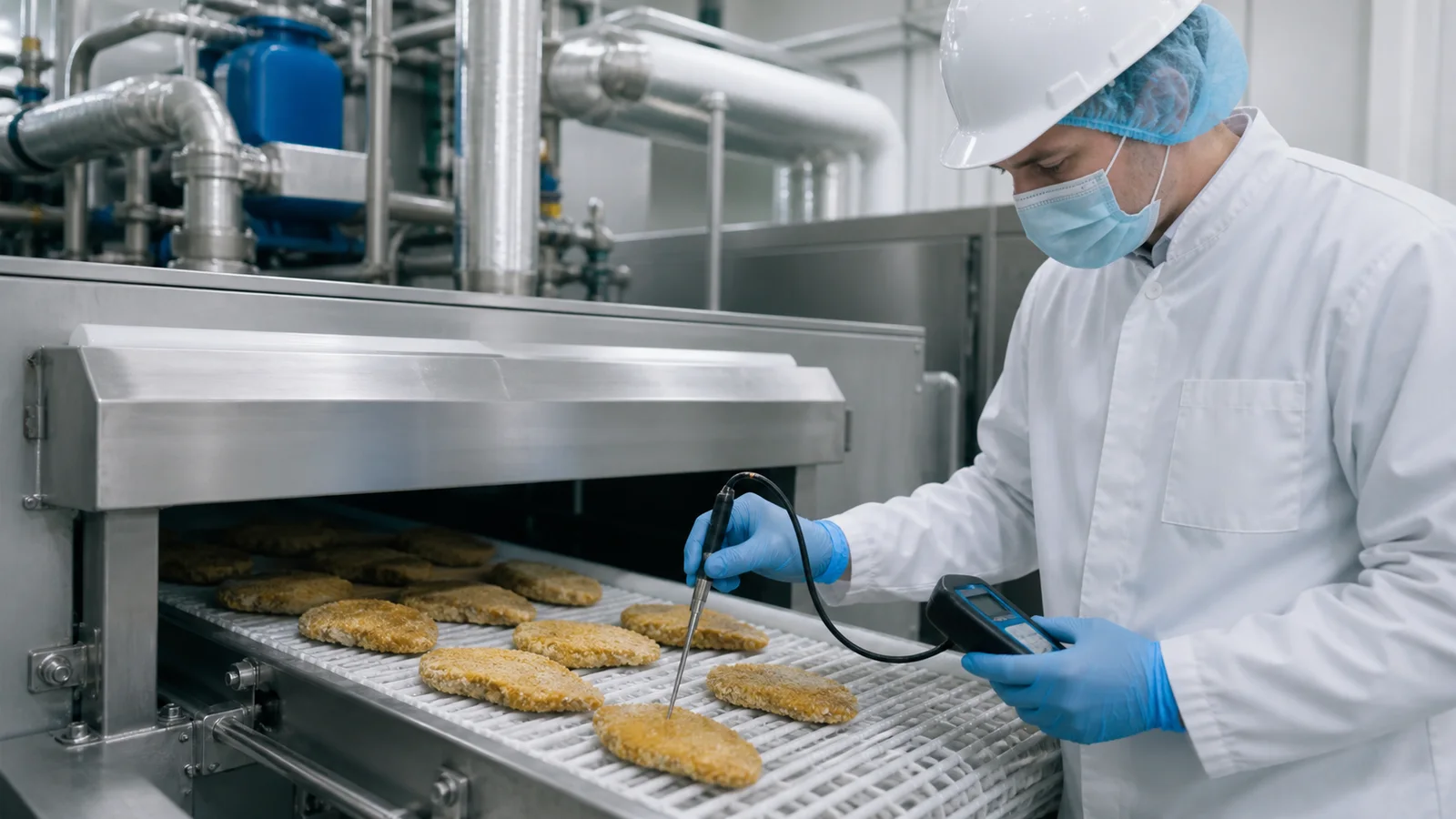 Process engineer measuring food core temperature at the discharge of a continuous cooling line