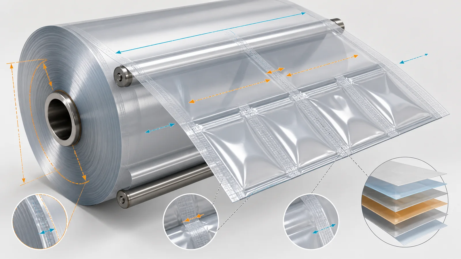 Roll-fed packaging film geometry showing web width repeat pitch seal overlap trim and layered material