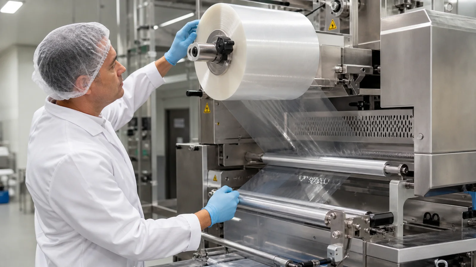 Packaging technician checking film roll alignment and web path on a roll-fed food packaging machine